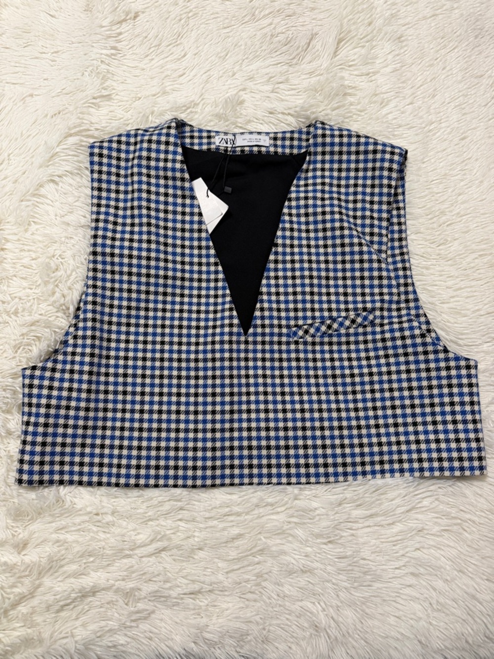 Zara Blue and Black Houndstooth Cropped V-Neck Vest